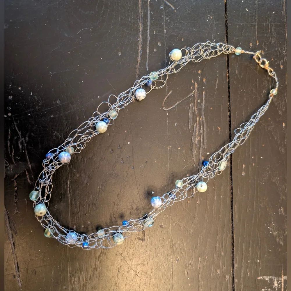Unique Metal Beaded Crochet Necklace Artistic Boho Chic Modern Handmade 20